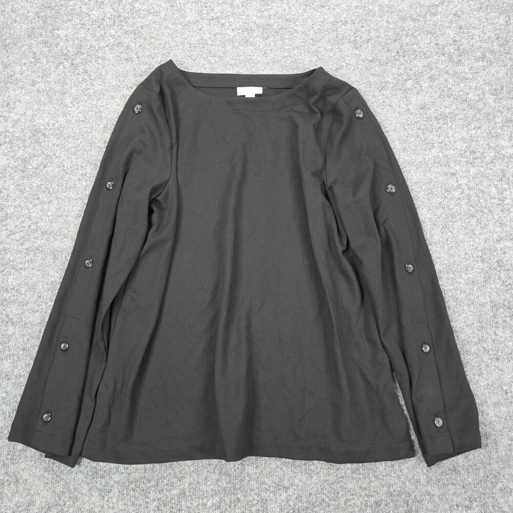 J. Jill Black Ponte Knit Long Sleeve Blouse Black Stretch Button Detail Medium
